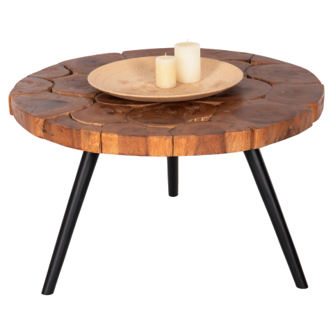 Masute de cafea - COFFEE TABLE RIBBEN HM9553 SOLID SUAR WOOD IN NATURAL-BLACK METAL LEGS Φ80x45Hcm.