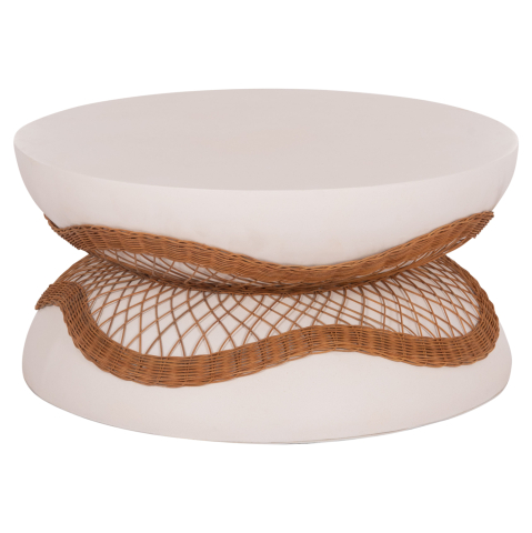 Interior - COFFEE TABLE ROUND ANNA HM18157.02 FIBER CEMENT IN WHITE-NATURAL RATTAN--Φ92x44.5Hcm.