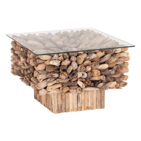 Interior - COFFEE TABLE SQUARE SPARROW HM9961 DRIFTWOOD--GLASS 75x75x51Hcm.