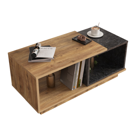 Masute de cafea - COFFEE TABLE TELES HM18181.02 MELAMINE IN NATURAL WOOD and BLACK MARBLE COLOR 100x45x42Hcm.