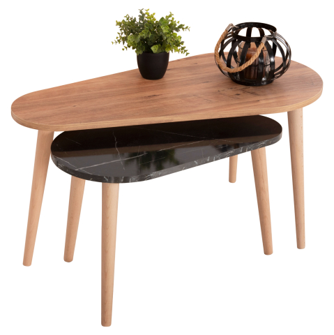 Masute de cafea - COFFEE TABLES 2PCS APRILIA HM18179.02 MELAMINE IN NATURAL and BLACK MARBLE-WOODEN LEGS IN NATURAL 95x47x47Hcm