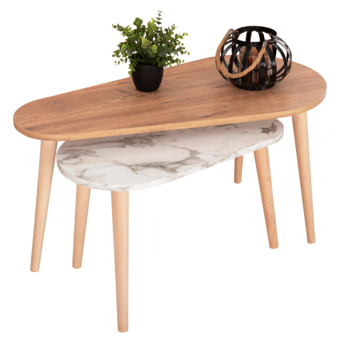 Masute de cafea - COFFEE TABLES 2PCS APRILIA HM18179.03 MELAMINE IN NATURAL and WHITE MARBLE-WOODEN LEGS IN NATURAL 94x47x47,5Hcm