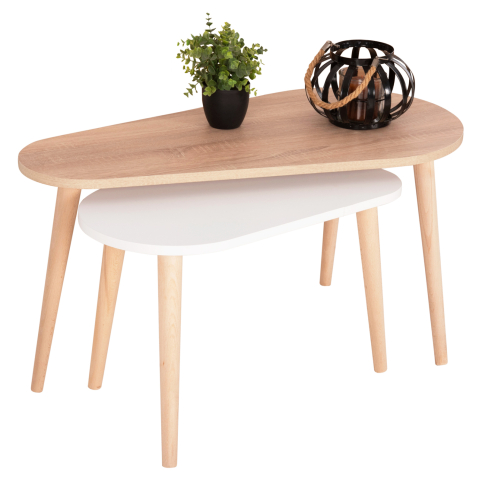 Masute de cafea - COFFEE TABLES 2PCS APRILIA HM18179.04 MELAMINE IN SONAMA and WHITE-WOODEN LEGS IN NATURAL 94x47x47Hcm
