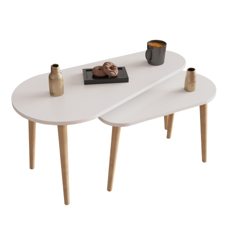 Masute de cafea - COFFEE TABLES 2PCS APRILIA HM18179.05 MELAMINE IN WHITE-WOODEN LEGS IN NATURAL 95x47x47Hcm