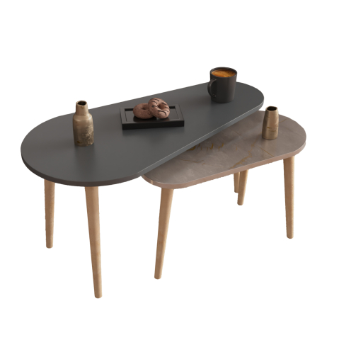 Masute de cafea - COFFEE TABLES 2PCS APRILIA HM18179.06 MELAMINE IN ANTHRACITE and GREY MARBLE-WOODEN LEGS IN NATURAL 95x47x47Hcm