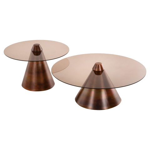 Masute de cafea - COFFEE TABLES 2PCS REBEN HM9676 METAL IN BURNED COPPER-SMOKE GLASS TOP Φ80 and Φ60 cm.