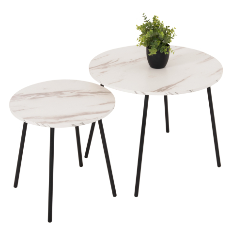 Masute de cafea - COFFEE TABLES 2PCS ROUND CUPPER HM9878.12 MELAMINE IN WHITE MARBLE-BLACK METAL Φ55x45Hcm.