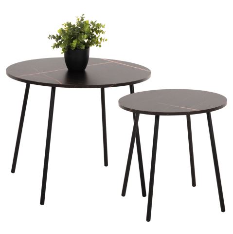 Masute de cafea - COFFEE TABLES 2PCS ROUND CUPPER HM9878.13 MELAMINE IN BLACK MARBLE-BLACK METAL Φ55x45Hcm.