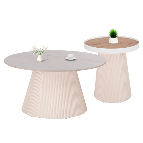 Interior - COFFEE TABLES 2PCS SET DUNCAN HM21082 MDF IN CREAM WHITE AND CERAMIC TOP Φ80cm and Φ45cm
