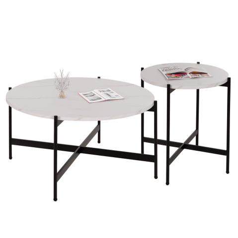Interior - COFFEE TABLES 2PCS SET RONDA HM21089.04 MDF IN WHITE MARBLE COLOR Φ80cm and Φ50cm