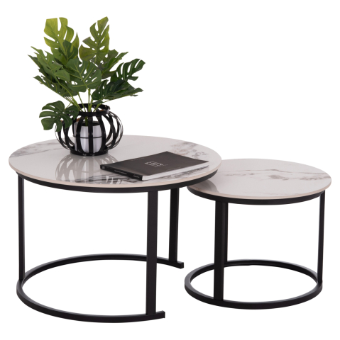 Interior - COFFEE TABLES 2PCS SET TALOS HM18140.03 WHITE MARBLE WITH BROWN "WATERS" LOOK CERAMIC TOP Φ70x45.5Hcm.