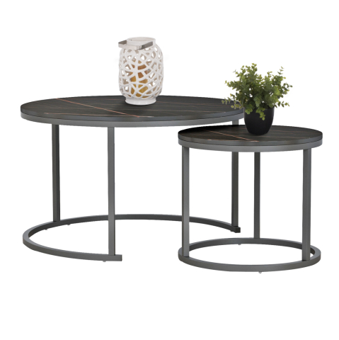 Masute de cafea - COFFEE TABLES SET 2PCS MDF BLACK MARBLE LOOK BLACK METALLIC LEGS Φ80x48cm.HM8763.13