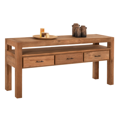 Bufete - CONSOLE WITH 3 DRAWERS HM9556 RECYCLED TEAK WOOD IN NATURAL COLOR 180x45x80Hcm.