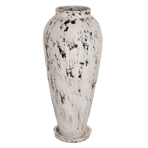 Decoratiuni de podea - DECORATIVE FLOOR VASE WITH SAUCER-BASE LAUREL HM7927 TERRACOTTA IN WHITE PATINA Φ55x120Hcm.
