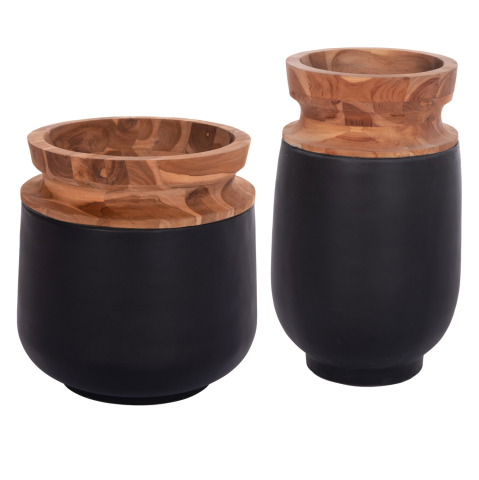 Decoratiuni de podea - DECORATIVE FLOOR VASES 2PCS LINTER HM21140.01 FIBER CEMENT IN BLACK-TEAK WOOD 47H and 60Hcm.