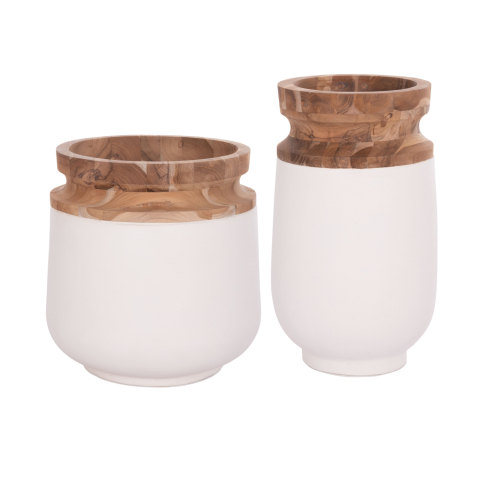 Decoratiuni de podea - DECORATIVE FLOOR VASES 2PCS LINTER HM21140.02 FIBER CEMENT IN WHITE-TEAK WOOD 47H and 60Hcm.