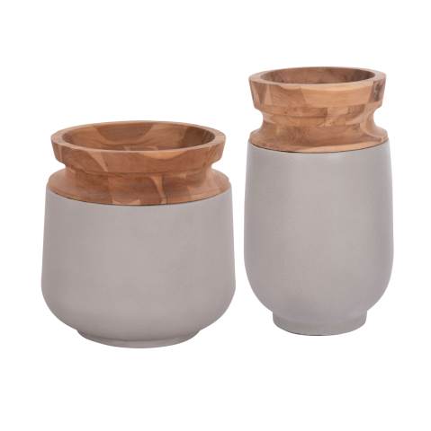 Decoratiuni de podea - DECORATIVE FLOOR VASES 2PCS LINTER HM21140.03 FIBER CEMENT IN GREY-TEAK WOOD 47H and 60Hcm.