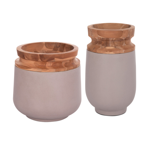 Decoratiuni de podea - DECORATIVE FLOOR VASES 2PCS LINTER HM21140.04 FIBER CEMENT IN TAUPE-TEAK WOOD 47H and 60Hcm.