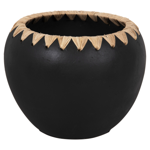 Vaze de podea - DECORATIVE VASE HM4374 TERRACOTTA IN BLACK WITH STRAW WEAVING ON THE RIM Φ29x23Hcm.