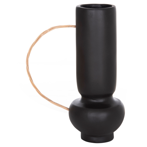 Decoratiuni pentru masa - DECORATIVE VASE MIBO HM4688.01L TERRACOTTA IN BLACK--HANDLE NATURAL RATTAN 23x14x35Hcm