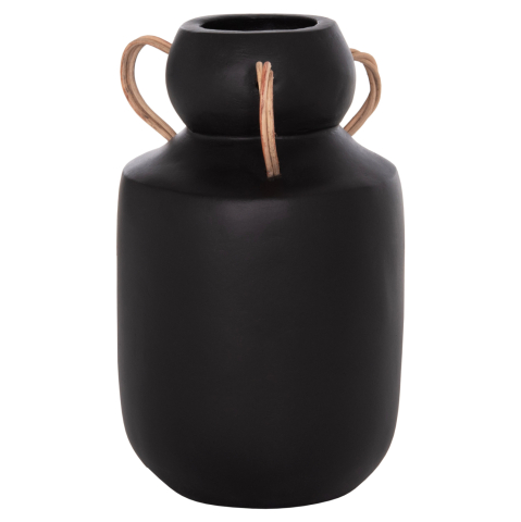 Decoratiuni - DECORATIVE VASE MIBO HM4688.01M TERRACOTTA IN BLACK--HANDLES NATURAL RATTAN Φ16.5x26Hcm.
