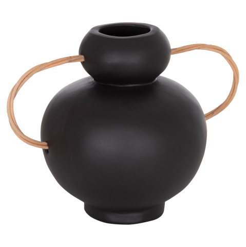 Decoratiuni pentru masa - DECORATIVE VASE MIBO HM4688.01S TERRACOTTA IN BLACK--HANDLES NATURAL RATTAN 27x15x20Hcm
