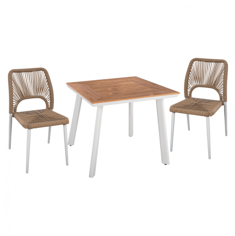 Seturi mese dining - DINING SET 3PCS WHITE TABLE 80x80 AND CHAIR WITH ROPE HM11536.01
