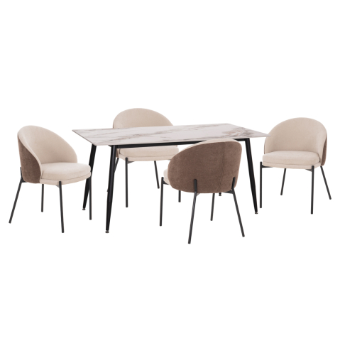 Interior - DINING SET 5PCS DETTON HM10951.02 CERAMIC TOP--FABRIC IN BEIGE/BROWN and BLACK METAL LEGS
