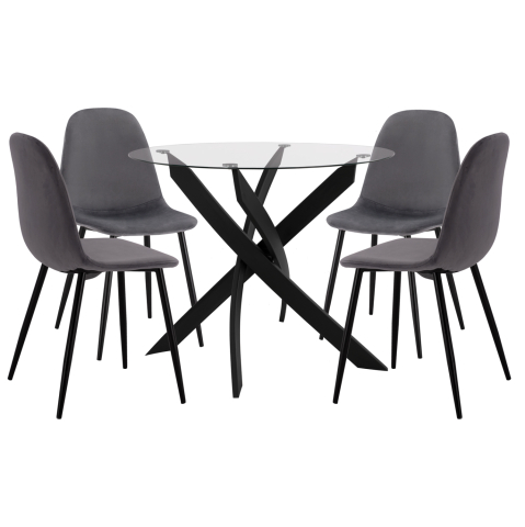Interior - DINING SET 5PCS HM11095.01 TABLE WITH TEMPERED GLASS Φ90X74Hcm and 4 CHAIRS WITH GREY VELVET