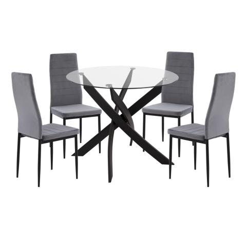 Seturi de sufragerie - DINING SET 5PCS LADY HM21199.01 GLASS TOP--METAL IN BLACK and VELVET IN GREY