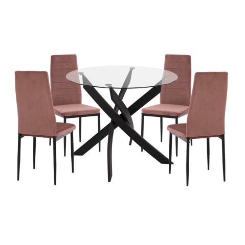 Seturi de sufragerie - DINING SET 5PCS LADY HM21199.02 GLASS TOP--METAL IN BLACK and VELVET IN DUSTY PINK