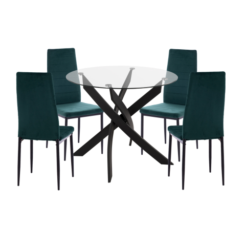 Seturi de sufragerie - DINING SET 5PCS LADY HM21199.03 GLASS TOP--METAL IN BLACK and VELVET IN CYPRESS GREEN