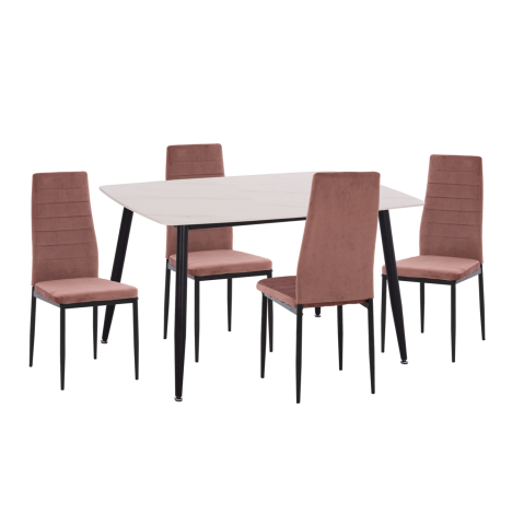 Seturi de sufragerie - DINING SET 5PCS RAVEN HM21264.01 CERAMIC TOP WHITE MARBLE--VELVET IN DUSTY PINK