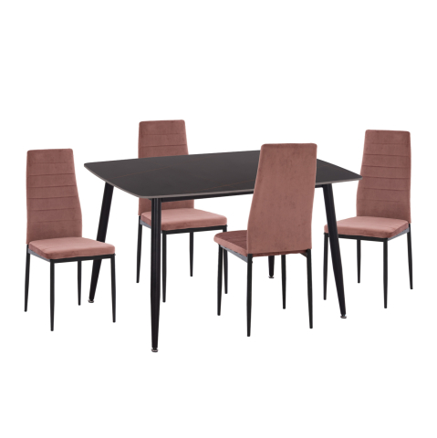 Seturi de sufragerie - DINING SET 5PCS RAVEN HM21264.02 CERAMIC TOP BLACK MARBLE--VELVET IN DUSTY PINK