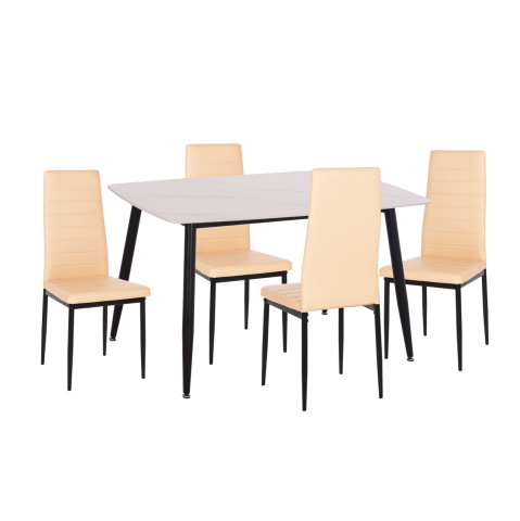 Seturi de sufragerie - DINING SET 5PCS RAVEN HM21266.01 CERAMIC TOP WHITE MARBLE--PU IN CREAM WHITE