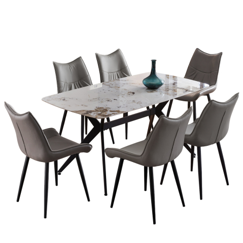 Interior - DINING SET 7PCS AIKA HM21364 CERAMIC TOP/METAL LEGS--PU IN GREY/METAL LEGS