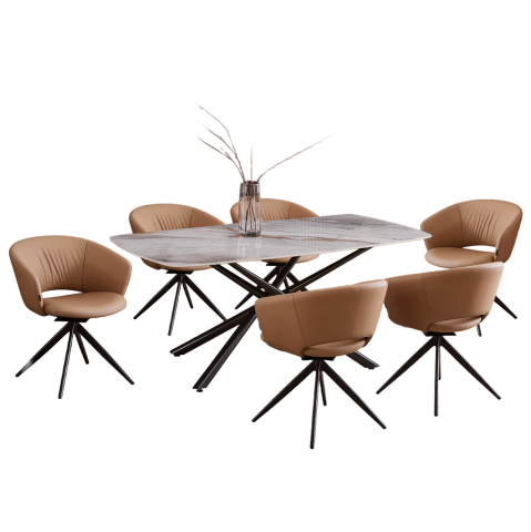 Interior - DINING SET 7PCS HANAE HM21365 CERAMIC TOP/METAL LEGS--PU IN MOCHA (LATTE)/METAL LEGS