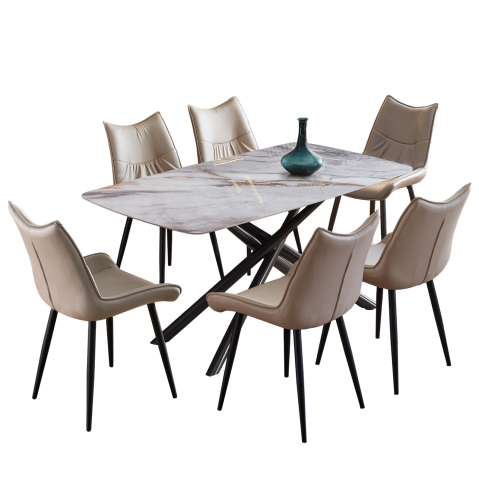 Interior - DINING SET 7PCS ISKA HM21363 CERAMIC TOP/METAL LEGS--PU IN BEIGE (TORTORA)/METAL LEGS