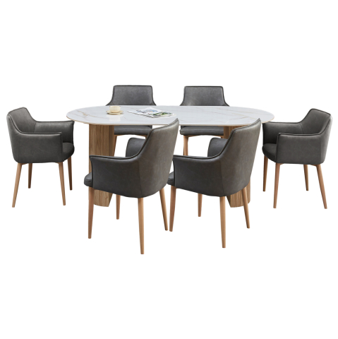 Interior - DINING SET 7PCS MELLOW HM21360 CERAMIC TOP/MDF LEGS--PU IN GREY/METAL LEGS