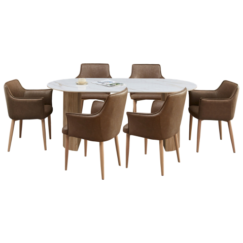 Interior - DINING SET 7PCS MELLOW HM21361 CERAMIC TOP/MDF LEGS--PU IN BROWN/METAL LEGS