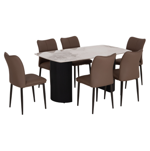 Interior - DINING SET 7PCS MINAO HM21362 CERAMIC TOP/MDF LEGS--PU IN COFFEE BROWN/METAL LEGS