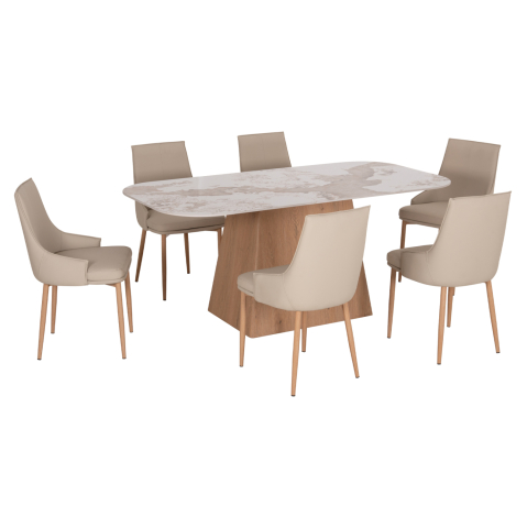 Interior - DINING SET 7PCS NORDU HM21359 CERAMIC TOP/MDF LEGS--PU IN CREAM/METAL LEGS