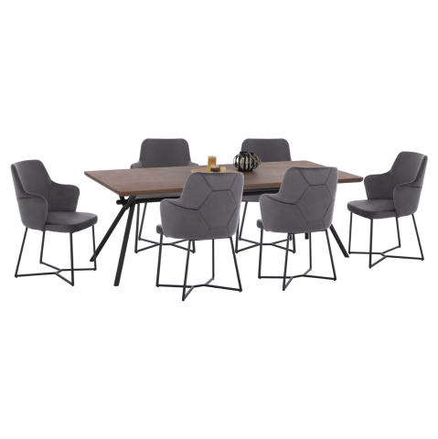 Interior - DINING SET 7PCS TABLE MDF WALNUT WOOD VENEER and ARMCHAIRS VELVET GREY HM10638