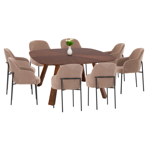 Interior - DINING SET 9PCS RINER HM10959.03 MDF IN WALNUT VENEER--TAUPE FABRIC