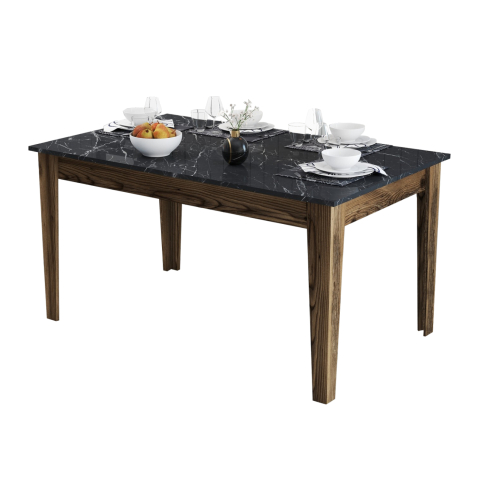 Mese - DINING TABLE STANDARD HM9507.05 MELAMINE WALNUT-BLACK MARBLE-LOOK WITH STORAGE SPACE 145x88x75Hcm.