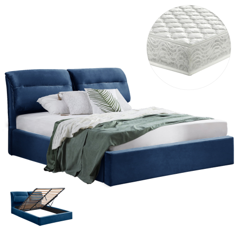 Interior - DOUBLE BED and MATTRESS KENDRA HM10831.18 BLUE VELVET WITH STORAGE SPACE--FOR 160x200cm