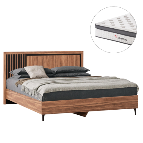Interior - DOUBLE BED WITH MATTRESS HARRY HM10808.01 MELAMINE IN NATURAL WOOD COLOR and BLACK--FOR 160x200cm