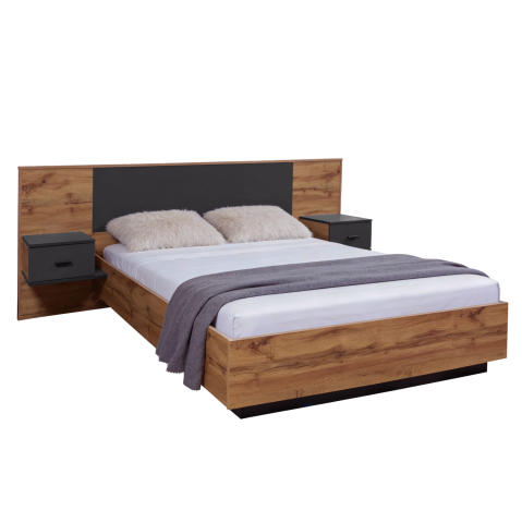 Paturi - DOUBLE BED WITH NIGHTSTANDS CARYS HM744.12 MELAMINE IN NATURAL/GREY--MATTRESS 160x200cm