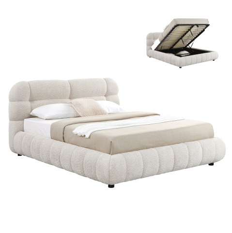 Interior - DOUBLE BED WITH STORAGE SPACE MOLEN HM730.03 BEIGE BOUCLE FABRIC--MATTRESS 160x200cm.