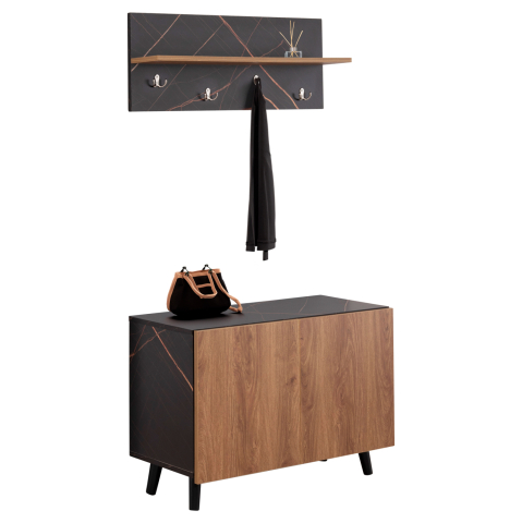 Mobilier pentru hol - ENTRYWAY FURNITURE SET DELPHINE HM8876.12 MELAMINE IN BLACK MARBLE-NATURAL WOOD 80x31.5x52Hcm.
